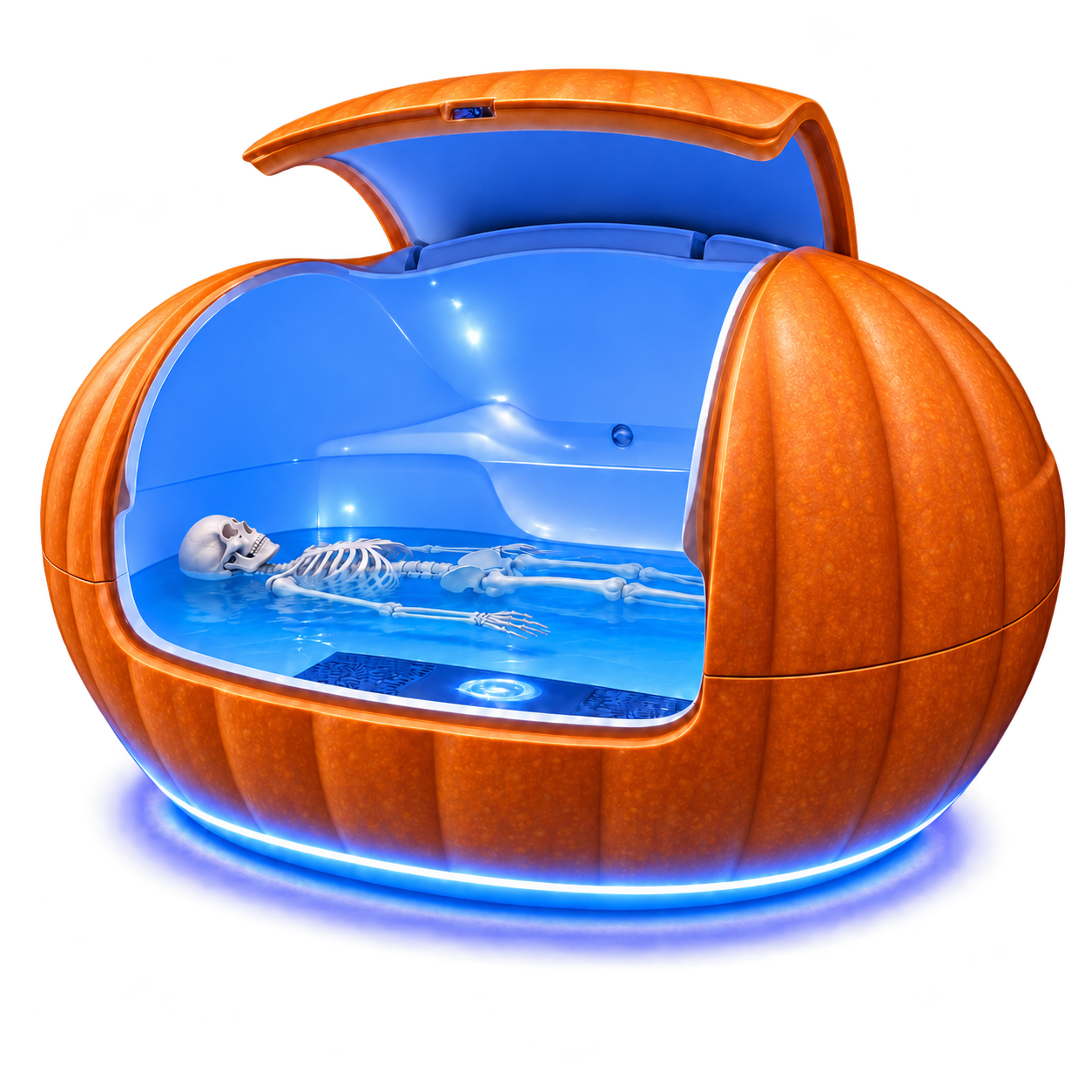 Halloween illustration of an orange pumpkin-shaped float pod with blue-lit water and a floating skeleton